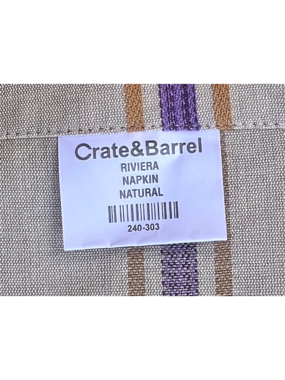 Crate & Barrel Riviera Napkin Set of 8  Beige Purple & Orange Stripes Cotton - Picture 2 of 11